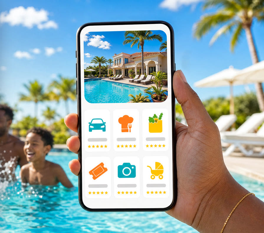 Hóspede segurando o celular com o app de serviços à beira da piscina