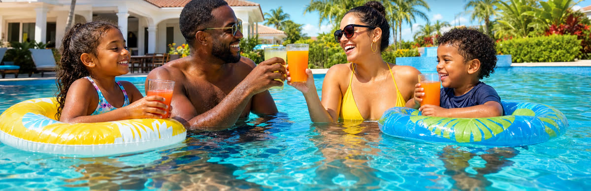 Família brindando dentro da piscina
