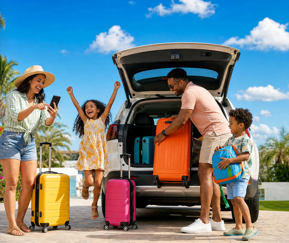 Família tirando as malas do carro na chegada à casa