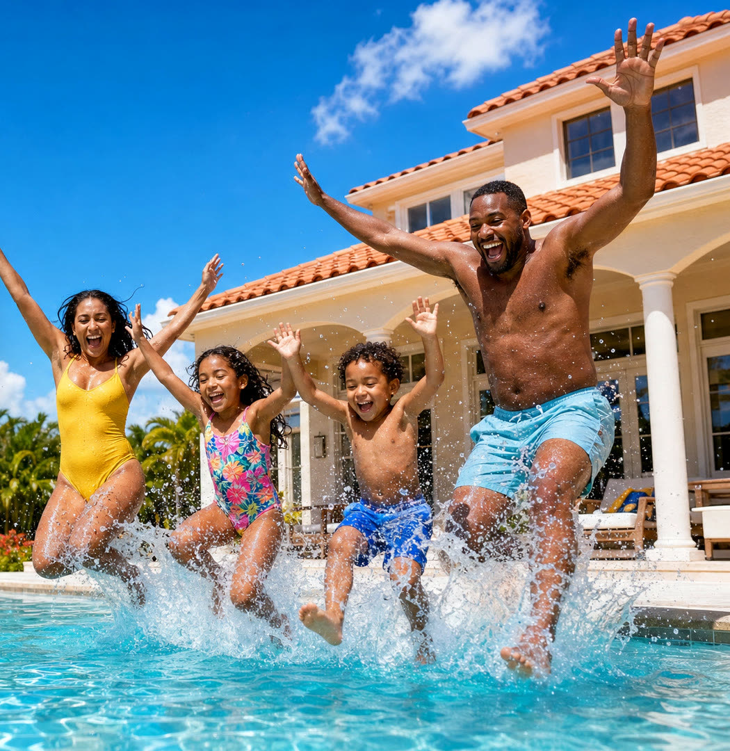 Família pulando na piscina de uma casa de férias em Orlando