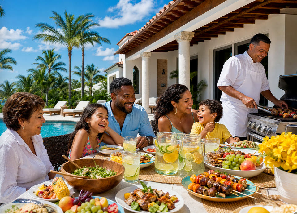 Família à mesa com um chef servindo o jantar na casa