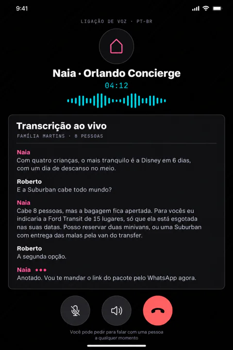 Tela do app: Voz · Ligação com a Concierge