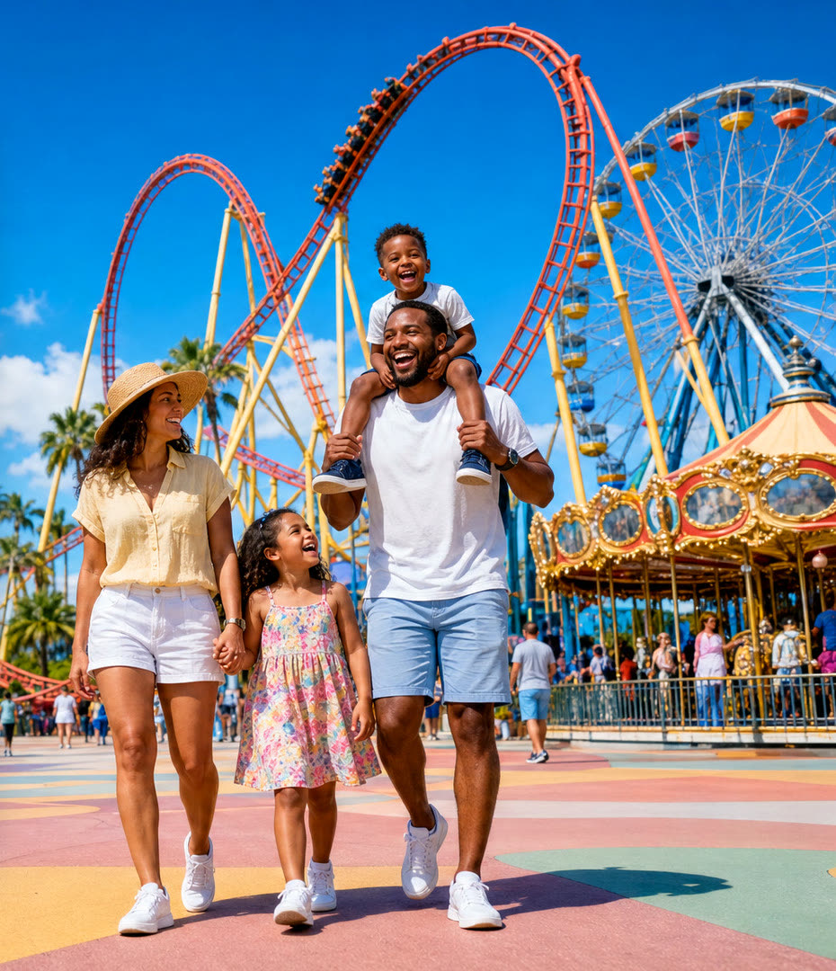 Família caminhando num parque de diversões em Orlando