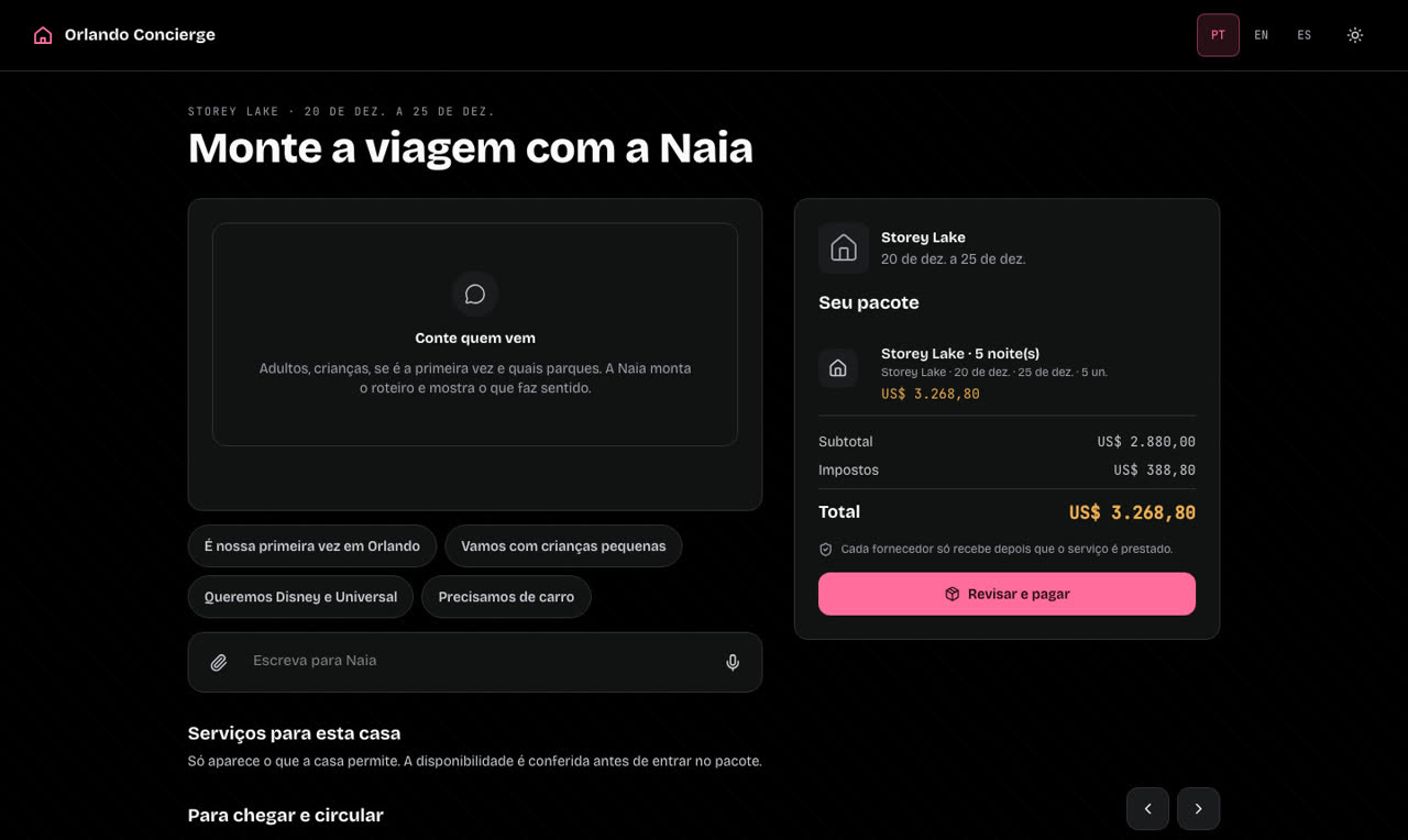 Tela de montar a viagem com a Naia e o pacote ao lado