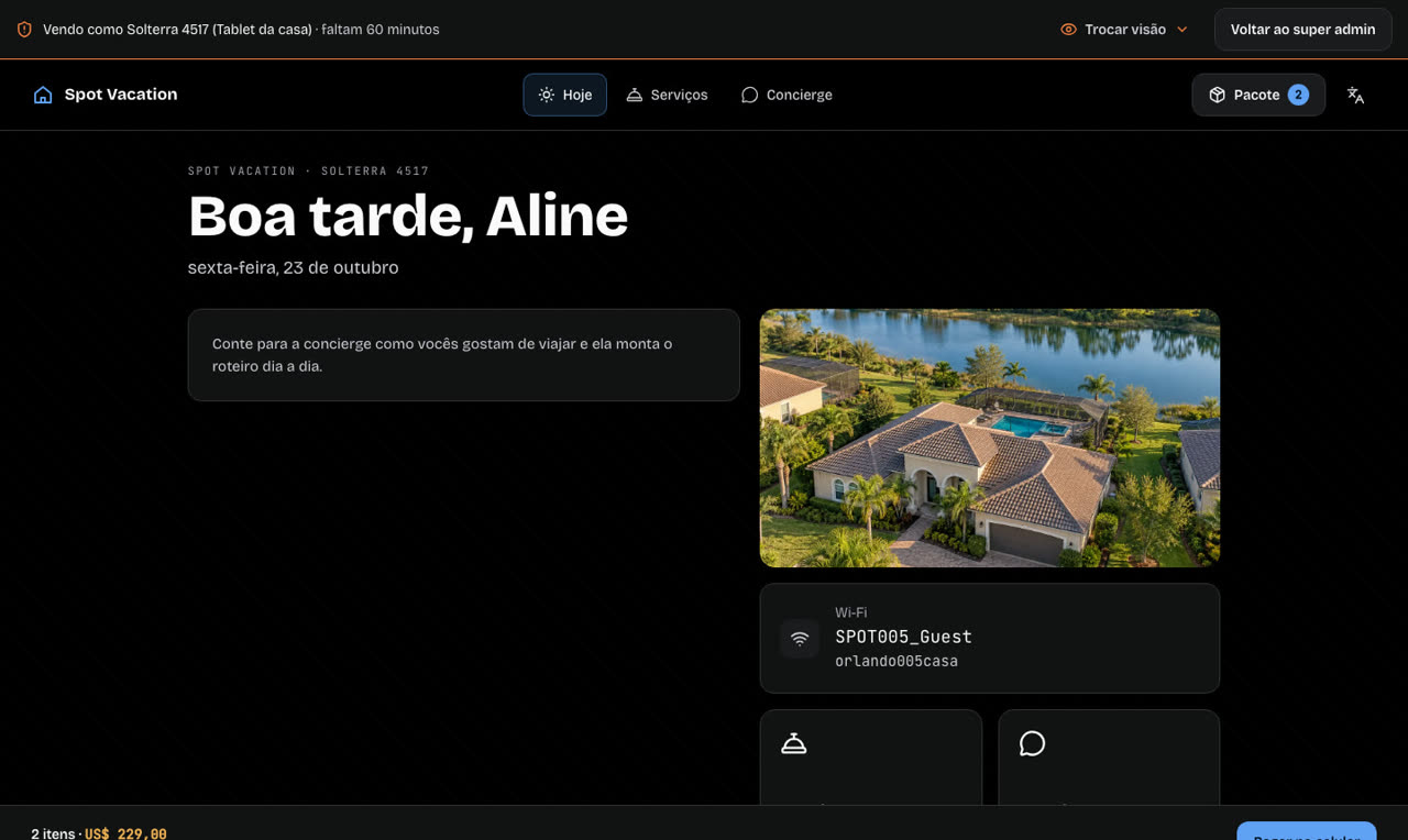 Tablet da casa com boas-vindas e serviços